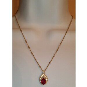 Roman gold tone pendant on 14k GF gold filled necklace elegant dainty faux ruby.